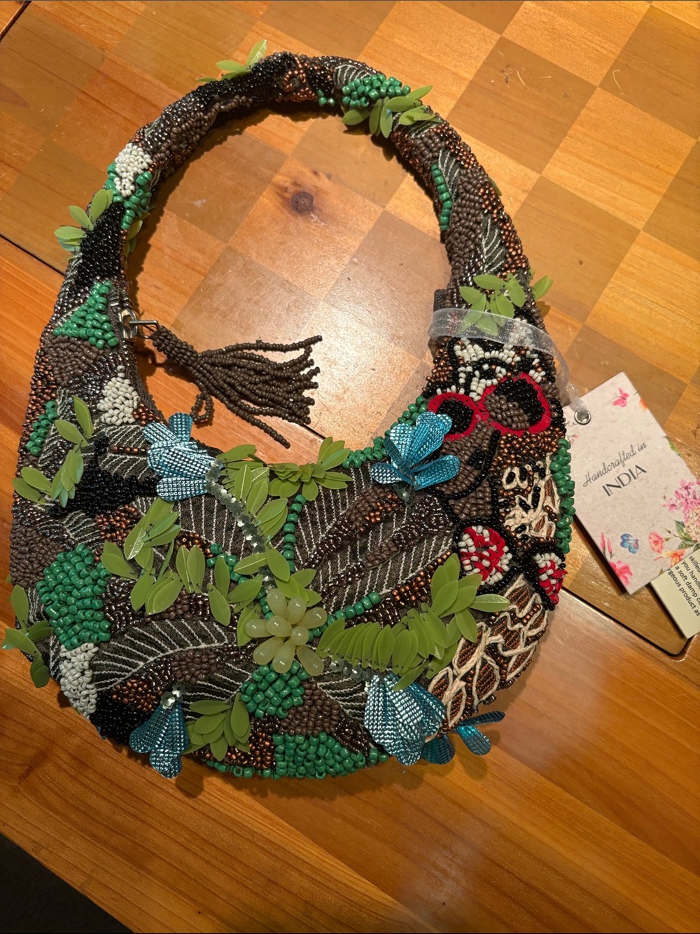 Handcrafted Beaded Shoulder Bag - Green Multicolor